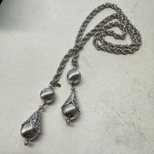 Vintage Monet Bolero Lariat Filigree Tassel Silver Tone Chain Necklace EUC!